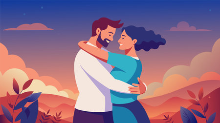 A vector illustration of a happy couple embracing with a warm sunset in the background, conveying love, affection, and togetherness.のイラスト素材