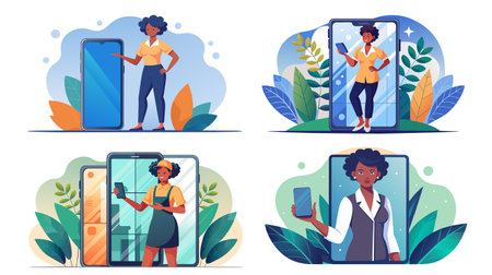 A collection of vector illustrations featuring diverse women interacting with oversized smartphones, symbolizing technology, connectivity, and modern lifestyles.のイラスト素材