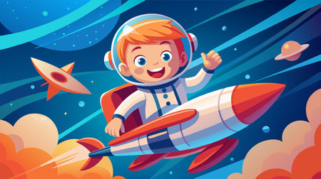 Vector illustration of an excited young astronaut with a big smile, riding a stylized rocket through a starry space scene with planets and a comet.のイラスト素材
