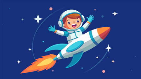 An exciting vector illustration depicting a joyful child astronaut with a big smile, soaring through a star-filled space on a rocket, symbolizing imagination and adventure.のイラスト素材