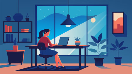 Vector illustration of a focused woman working on a laptop in her cozy home office at night, with plants and calm interior.のイラスト素材