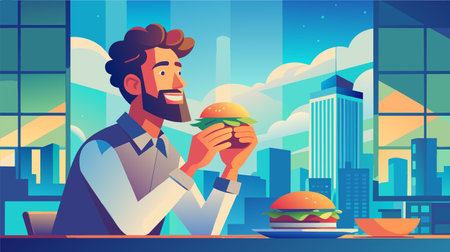 Vector art depicting a bearded man savoring a burger with city skyline backdrop. Evokes themes of food, enjoyment, and a busy urban lifestyle.のイラスト素材