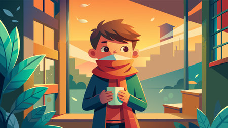 Vector illustration of a young boy savoring a hot beverage on a breezy fall evening, standing by the window with leaves swirling outside.のイラスト素材