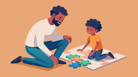 Vector illustration of a cheerful father and young son enjoying time together by solving a jigsaw puzzle on the floor, displaying family bonding and education through play.のイラスト素材