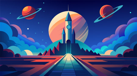 Stylized vector illustration of a retro futuristic space scene featuring a launching rocket, vibrant planets, and stars against a twilight sky.のイラスト素材