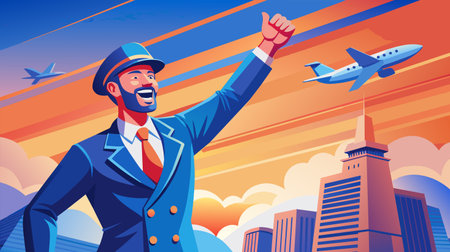 A vibrant vector illustration showing a cheerful pilot in uniform waving with an airplane and city skyline backdrop during sunset.のイラスト素材