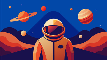 Vibrant vector illustration featuring an astronaut exploring alien terrain with planets and stars in...
