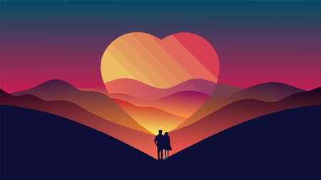 Vector illustration of a silhouette of a couple against a colorful heart-shaped sunset in a mountain landscape, depicting romance, love, and togetherness.のイラスト素材