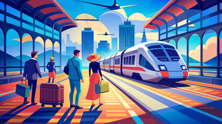 Stylized vector illustration of passengers with suitcases waiting on a train station platform with a modern train and city skyline in the background. The scene conveys travel, commuting, and urban lifestyle concepts.のイラスト素材