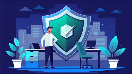 Vector illustration of a professional male standing next to a large shield symbolizing cybersecurity in a modern office environment, emphasizing digital protection and safety.のイラスト素材