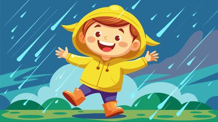 Vector illustration of a joyful child wearing a yellow raincoat and boots, happily playing and splashing in rain puddles during a downpour.のイラスト素材