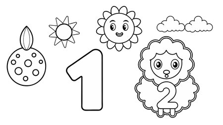 Black and white vector illustration for kids featuring cute representations of the sun, a cloud, a smiling flower, and the numbers one and two, alongside a cartoon candle.のイラスト素材