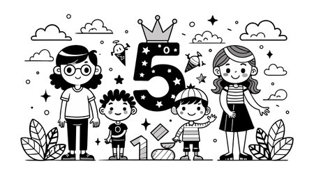 A cheerful monochrome vector illustration of a cartoon family with two adults and three kids celebrating a fifth birthday, complete with a crown, stars, and festive decorations.のイラスト素材