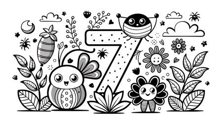 A playful vector illustration perfect for a children's coloring book, featuring the number 7 surrounded by adorable creatures, flowers, and nature elements, in a charming black and white outline style.のイラスト素材