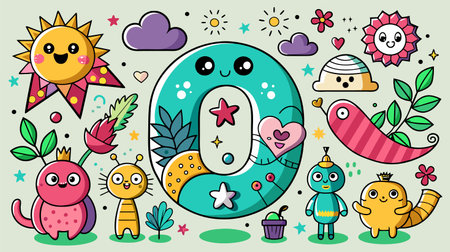 A playful vector illustration featuring adorable cartoon characters like a sun, plants, and mythical creatures, perfect for children's themes.のイラスト素材