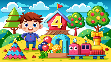 Bright and colorful vector illustration of a joyful boy at his birthday party with festive decorations, including balloons, party hat, train, and a house with a number 4.のイラスト素材