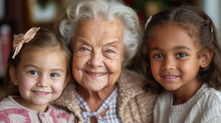 A heartwarming image captures a joyful elderly woman posing with two young girls, showing a multigenerational family bond inside a cozy home.の素材
