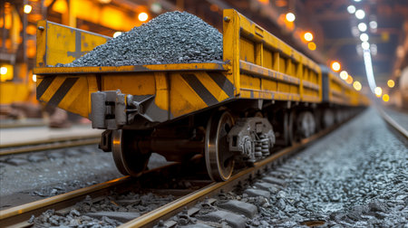A freight train loaded with a large quantity of coal is pictured stationary on the tracks within an industrial setting, possibly a steel mill or coal processing facility.の素材