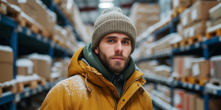 A man wearing a yellow jacket and hat is seen inside a warehouse.の素材