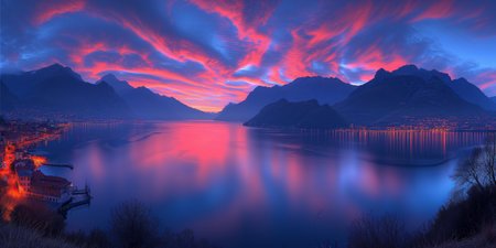 A beautiful sunset casting warm hues over a serene lake, with majestic mountains creating a breathtaking backdrop.の素材
