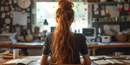 A woman with red hair tied in a ponytail is absorbed in study at a cluttered desk in a home office environment, surrounded by books and personal notes.の素材