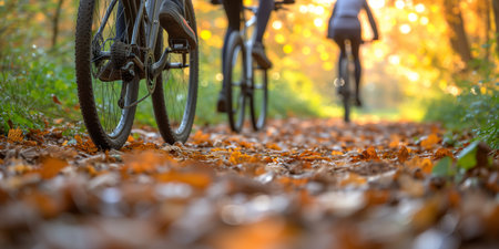 Two cyclists are riding along a leaf-covered pathway in the forest, with the warm glow of the setting sun illuminating the autumn landscape.の素材