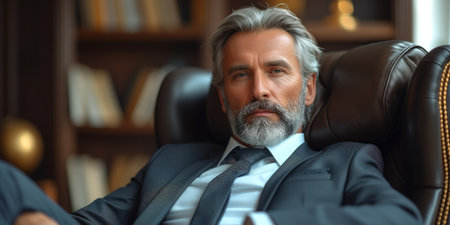 A well-dressed man in a suit and tie exudes confidence as he sits in a chair.の素材