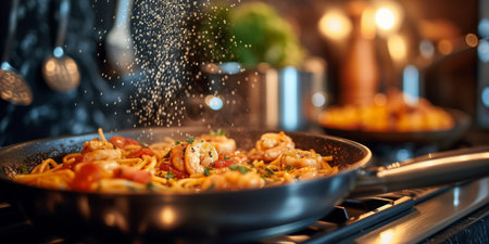 A pan filled with sizzling beef stir fry cooks on a stove, emitting aromatic flavors and releasing steam.の素材
