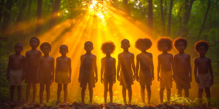 A diverse group of individuals stand closely together, surrounded by tall trees in a forest clearing.の素材