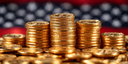 This image showcases several stacks of shiny gold coins aligned neatly with the blurred American flag in the background, symbolizing wealth and economy in the United States.の素材
