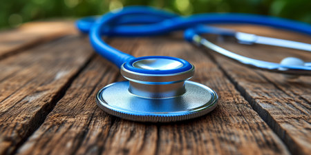 This image features a detailed view of a stethoscope, showing its diaphragm and tubing, lying on a textured wooden surface, presumably taken during daylight due to the natural light reflection.の素材