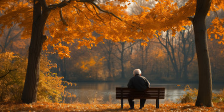A person sits on a wooden bench located in a green city park surrounded by trees.の素材