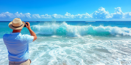 A man in action as he captures an impressive ocean wave through his camera lens.の素材