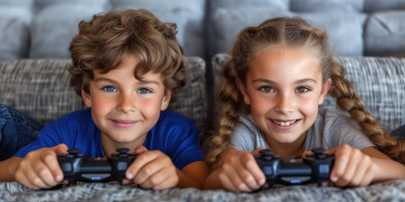 Two young children engaged in playing video games on a couch in a living room.の素材