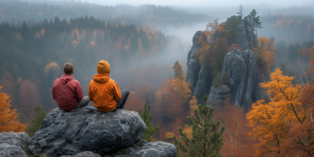 Two individuals are seated on a rocky summit, surrounded by the vibrant colors of autumn foliage, as they gaze into the mist-covered valley below.の素材