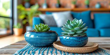 This image features two lively green succulents in bright blue ceramic pots, resting on a woven mat placed upon a wooden table in a cozy indoor setting.の素材