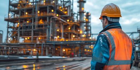 A lone worker clad in safety gear stands before the complex network of pipes and structures of an oil refinery during the early evening hours.の素材