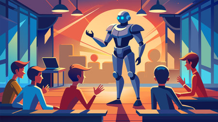 Illustration of a humanoid robot teaching a group of diverse students in a modern, digital classroom with futuristic elements.のイラスト素材