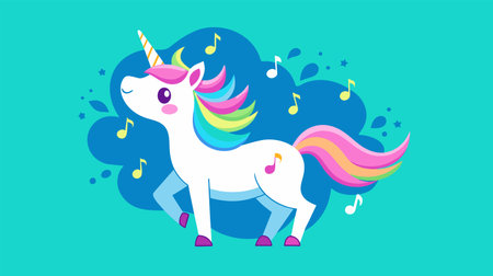 Vibrant vector illustration featuring a cheerful unicorn with a rainbow mane, surrounded by music notes on a lively turquoise backdrop.のイラスト素材