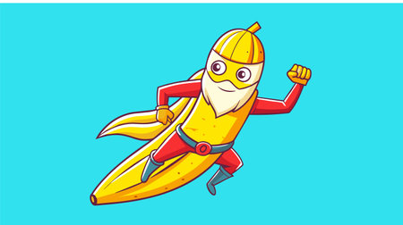 Eye-catching vector illustration of a superhero banana in a red costume with a cape, ready for action against a bright blue backdrop, perfect for fun and engaging designs.のイラスト素材