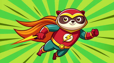 Vibrant vector illustration of a cartoon superhero ferret, decked out in a red suit with a lightning bolt emblem, soaring through a green radial burst background.のイラスト素材