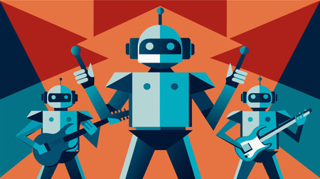 Stylized vector illustration of a robot band with members playing guitar and singing on a colorful...