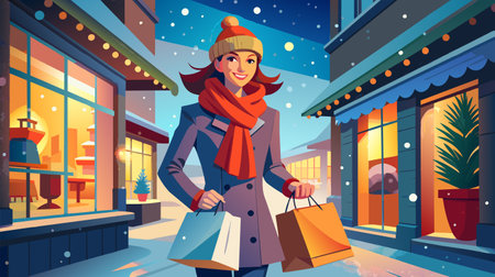 Vector illustration of a happy woman carrying shopping bags, wearing winter clothes, and walking in a festive snowy town with decorated shops.のイラスト素材