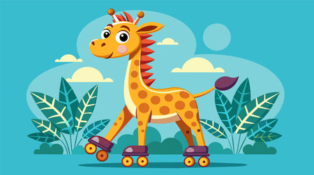 Vector illustration of a happy giraffe wearing roller skates, enjoying a sunny day amidst tropical foliage under a clear blue sky.のイラスト素材