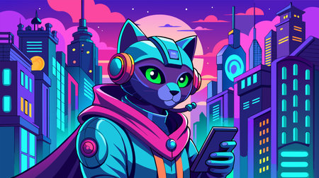 A vibrant vector illustration of a cyberpunk cat wearing headphones against a neon-lit cityscape during twilight. The scene portrays a blend of modern urban life and sci-fi fantasy.のイラスト素材