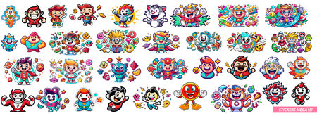 Vibrant vector illustration of assorted cartoon character stickers featuring various expressions and costumes. Perfect for kids' designs and playful decorations.のイラスト素材
