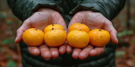 A person holding oranges in their hands, showing fresh fruit.の素材