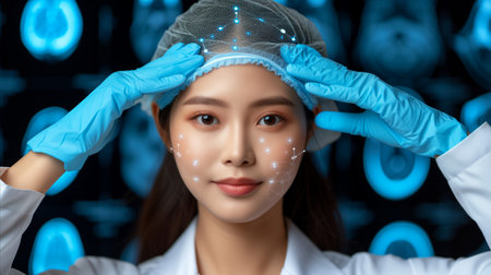 A healthcare worker is seen aligning her transparent digital headgear with hands in blue gloves, against a backdrop of futuristic glowing interfaces.の素材