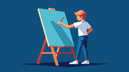 A vector illustration capturing a male artist with a brush in hand, thoughtfully working on a canvas set on an easel, embodying creativity and craftsmanship in a stylized form.のイラスト素材