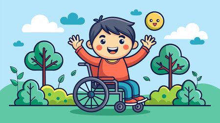 Vector illustration of a joyful boy in a wheelchair, waving cheerfully against a backdrop of trees, bushes, and a smiling sun representing inclusivity and happiness.のイラスト素材